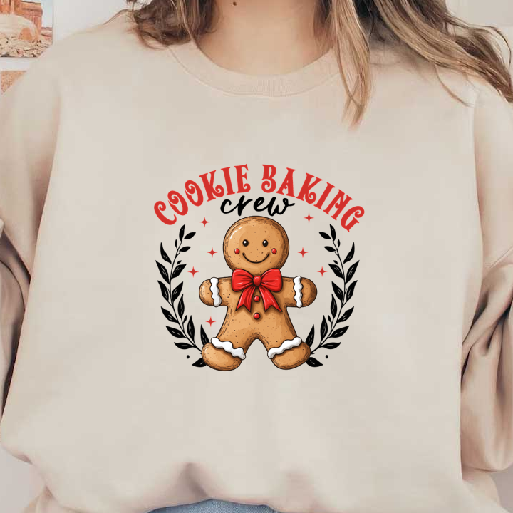 A cheerful gingerbread man wearing a red bow, surrounded by the words "Cookie Baking," perfect for festive baking themes. dtf prints