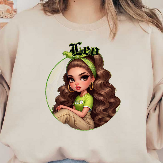 Una elegante ilustración de personaje que presenta a una chica con cabello rizado, que viste una blusa verde y un pañuelo, y que representa el zodíaco Leo.