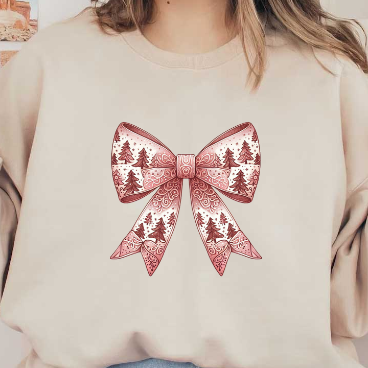 A festive pink bow adorned with intricate designs of Christmas trees, perfect for holiday decorations or gift wrapping. dtf transfers dtf prints