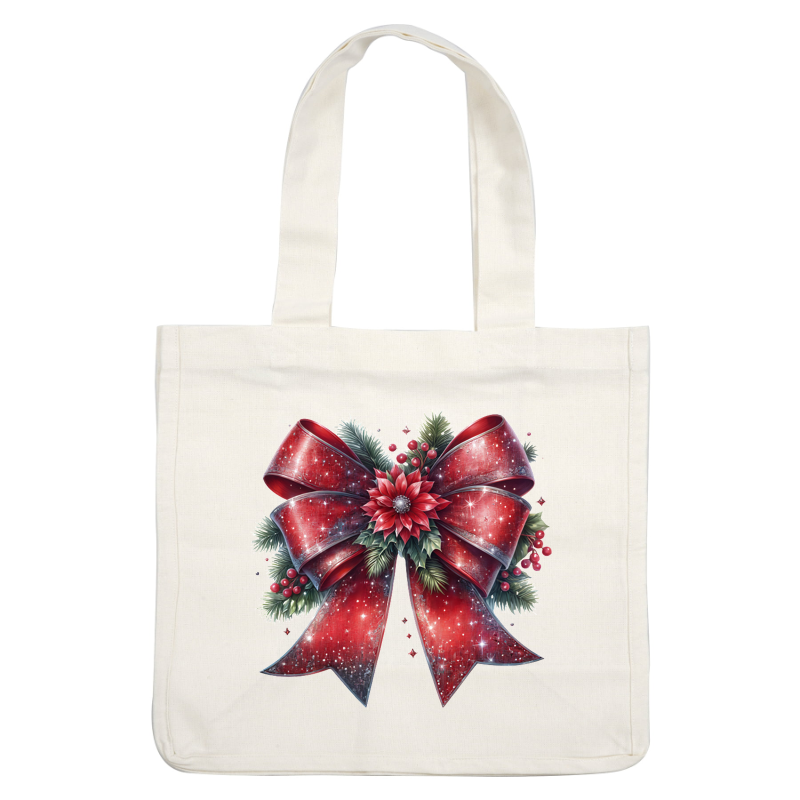 A festive red bow adorned with a vibrant poinsettia and greenery, perfect for holiday decorations.dtf regular iron