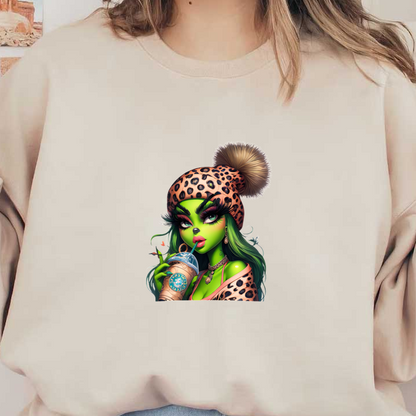 A vibrant green character in a leopard-print beanie enjoys a Starbucks drink, showcasing bold makeup and stylish accessories.DTF Transfers dtf prints