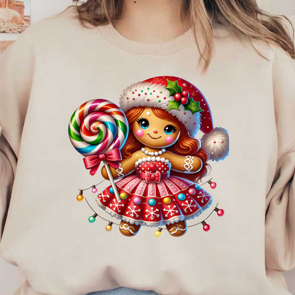 This festive gingerbread girl in a red dress holds a colorful lollipop, adorned with candy details and a holiday hat.DTF Transfers