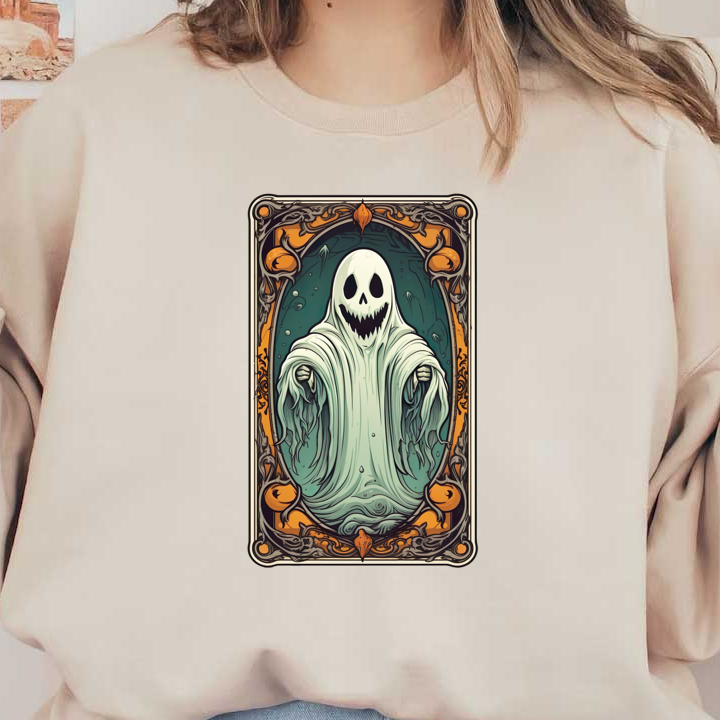 A playful ghost character with a skull face and flowing, translucent robes, framed in an ornate, colorful border.dtf regular iron