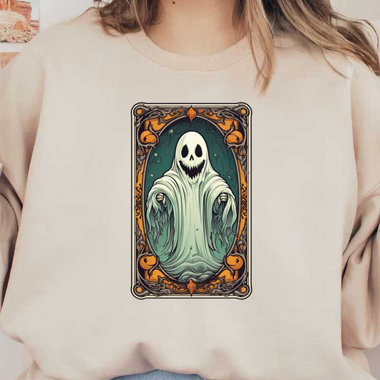 Un personaje fantasma divertido con cara de calavera y túnicas fluidas y translúcidas, enmarcado en un borde ornamentado y colorido.