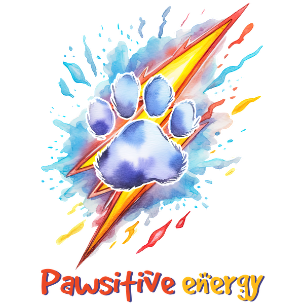 Una vibrante ilustración de acuarela que presenta una huella de pata rodeada de salpicaduras de colores y relámpagos, con la frase "Pawsitive Energy".