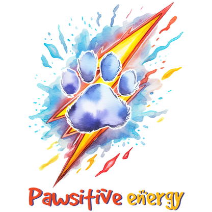 Una vibrante ilustración de acuarela que presenta una huella de pata rodeada de salpicaduras de colores y relámpagos, con la frase "Pawsitive Energy".