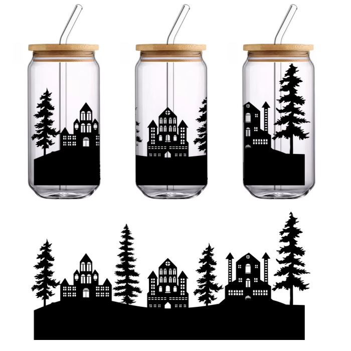 Silueta negra estilizada de un gato sentado con gracia, enfatizando su perfil elegante y su cola larga. Transferencias UV