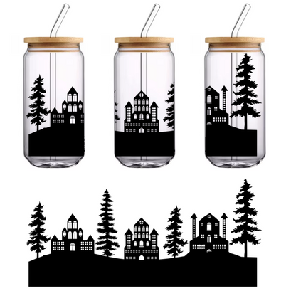 Silueta negra estilizada de un gato sentado con gracia, enfatizando su perfil elegante y su cola larga. Transferencias UV