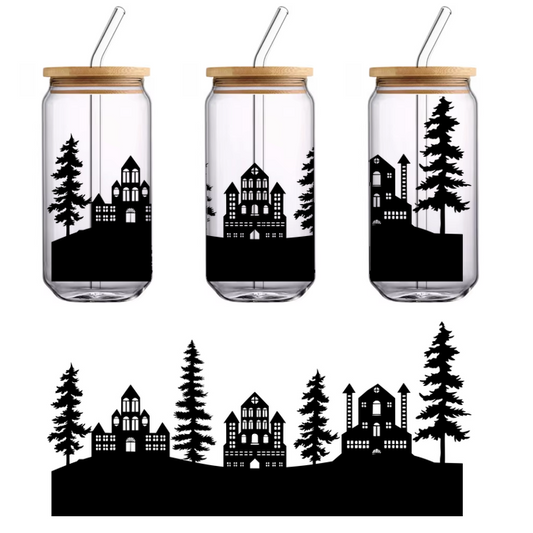 Stylized black silhouette of a cat sitting gracefully, emphasizing its sleek profile and long tail.UV Transfers