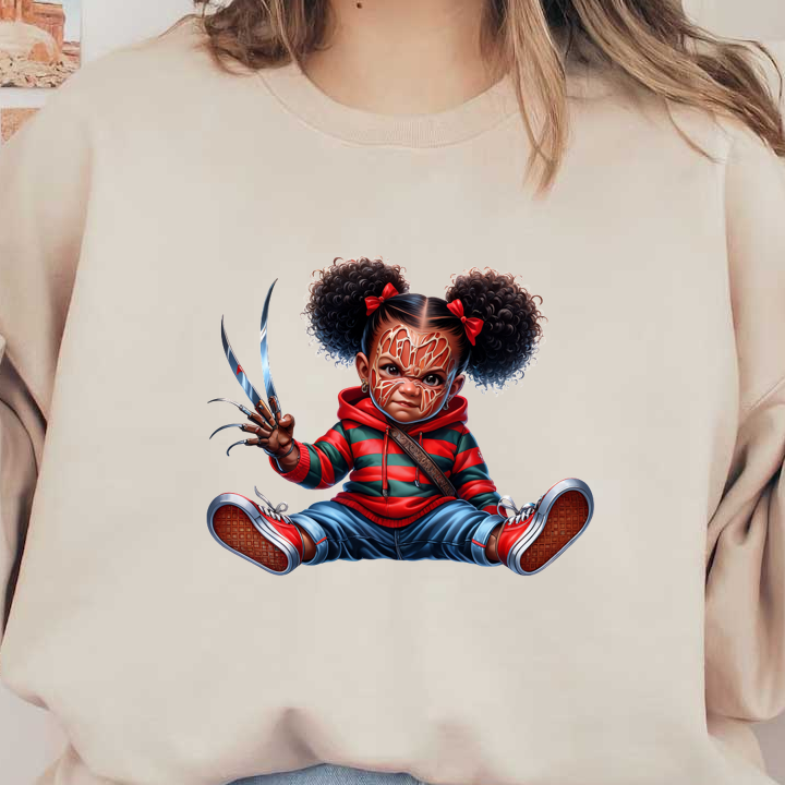 A playful and fierce girl dressed in a striped hoodie, wielding claw-like fingers, showcasing a unique and bold design.dtf regular iron