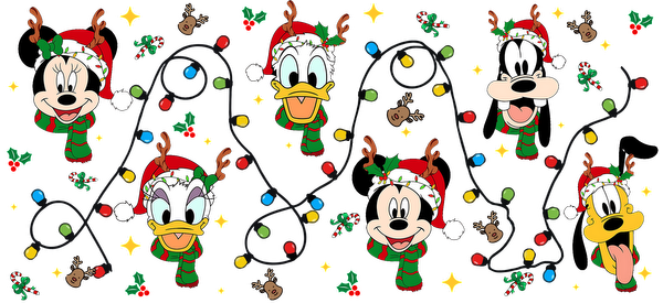 Celebrate the holidays with this cheerful illustration featuring Mickey and friends in festive attire surrounded by Christmas lights and decorations!UV Transfers dtf transfers