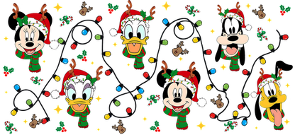 Celebrate the holidays with this cheerful illustration featuring Mickey and friends in festive attire surrounded by Christmas lights and decorations!UV Transfers dtf transfers