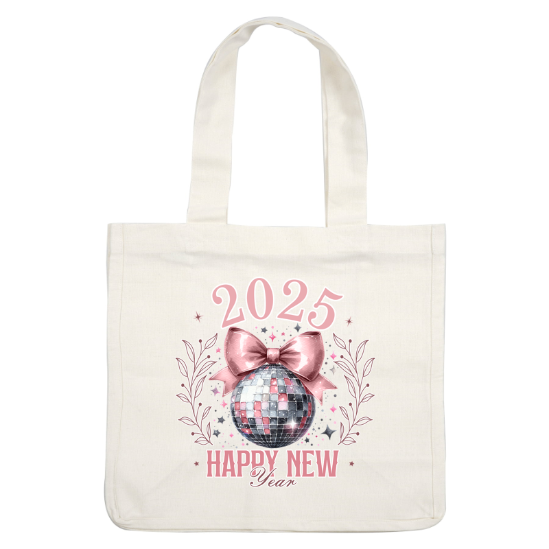 Celebrate the New Year 2025 with this festive design featuring a disco ball adorned with a pink bow and floral accents!DTF Transfers dtf prints