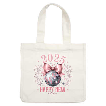 Celebrate the New Year 2025 with this festive design featuring a disco ball adorned with a pink bow and floral accents!DTF Transfers dtf prints