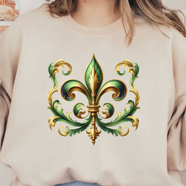 This decorative design features a lush green and gold fleur-de-lis surrounded by intricate swirls, showcasing elegant artistry.DTF Transfers