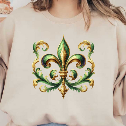 This decorative design features a lush green and gold fleur-de-lis surrounded by intricate swirls, showcasing elegant artistry.DTF Transfers