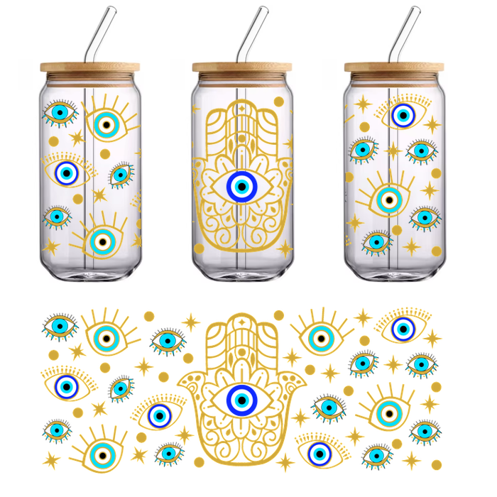 A vibrant design featuring the Hamsa hand surrounded by various blue and golden evil eye symbols, emphasizing protection and blessings.UV Transfers heat press transfers