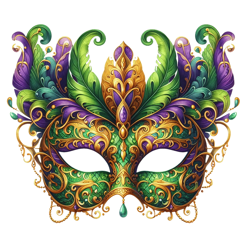 This vibrant, intricately designed masquerade mask features rich green, purple, and gold hues, adorned with elegant feather details.DTF Transfers