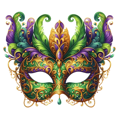 This vibrant, intricately designed masquerade mask features rich green, purple, and gold hues, adorned with elegant feather details.DTF Transfers