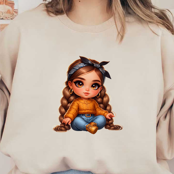 Una linda chica de dibujos animados con cabello trenzado, vestida con un suéter naranja y jeans azules, complementada con aretes de aro y un pañuelo.