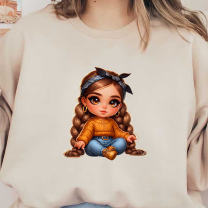 Una linda chica de dibujos animados con cabello trenzado, vestida con un suéter naranja y jeans azules, complementada con aretes de aro y un pañuelo.