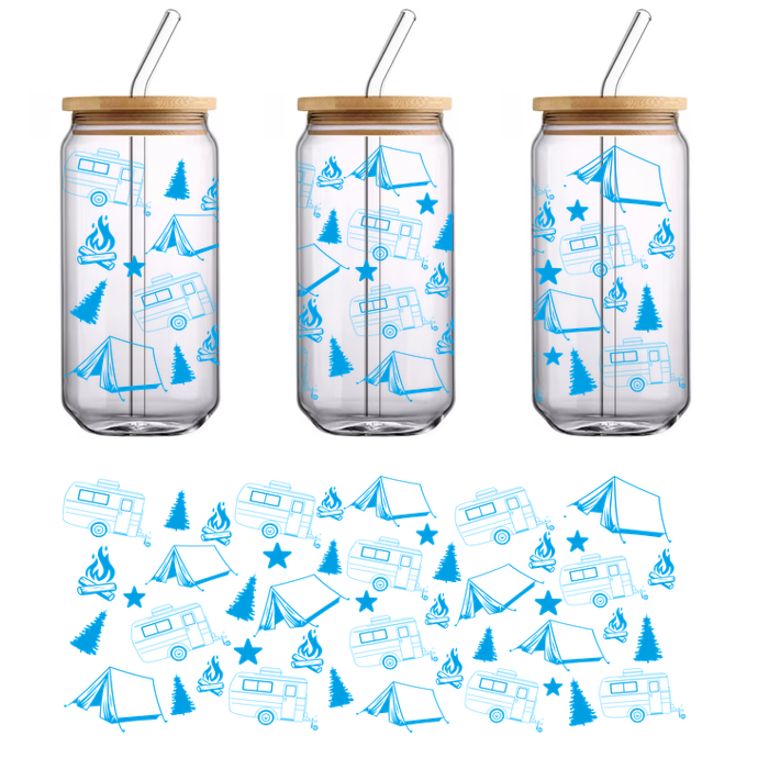 A whimsical pattern featuring blue line drawings of campers, tents, trees, and stars, perfect for outdoor enthusiasts.UV Transfers heat press transfers