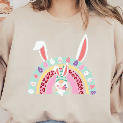 Adorable Easter-themed design featuring a colorful rainbow with eggs, complemented by a cute gnome wearing bunny ears.DTF Transfers