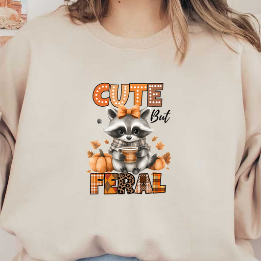 Adorable raccoon with a bow and plaid scarf holds a cup, surrounded by pumpkins and playful autumn-themed text. dtf prints