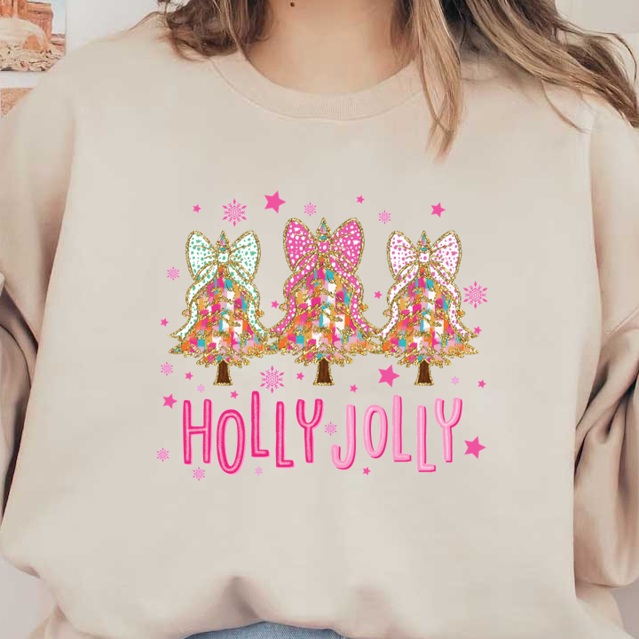 Celebrate the festive season with this cheerful "Holly Jolly" design featuring colorful Christmas trees adorned with vibrant bows and sparkles!DTF Transfers