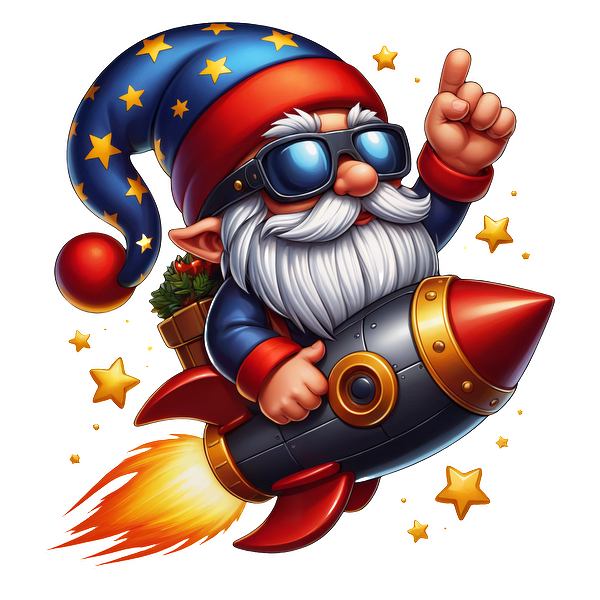 A cheerful gnome in a star-patterned hat rides a rocket, wearing sunglasses and giving a thumbs-up, surrounded by stars. dtf transfers