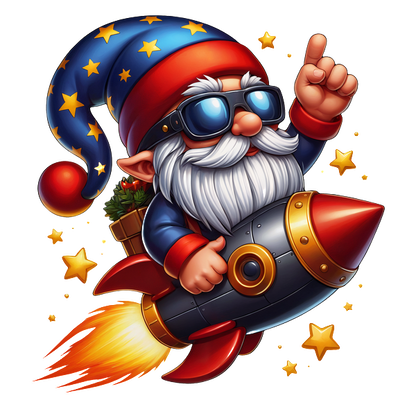 A cheerful gnome in a star-patterned hat rides a rocket, wearing sunglasses and giving a thumbs-up, surrounded by stars. dtf transfers