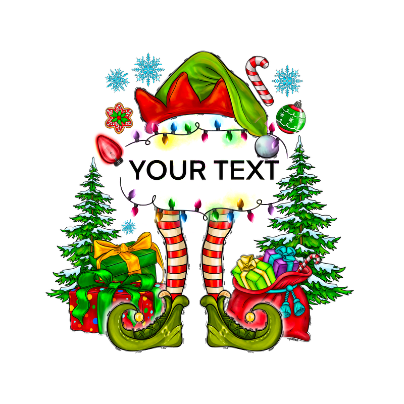 Festively designed, this cheerful Christmas elf features bright colors, striped legs, and surrounded by gifts and decorations.DTF Transfers heat press transfers heat press transfers