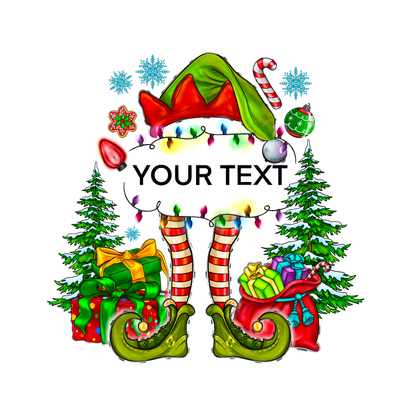 Festively designed, this cheerful Christmas elf features bright colors, striped legs, and surrounded by gifts and decorations.DTF Transfers heat press transfers heat press transfers