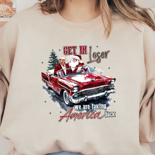 A fun and festive graphic featuring a classic red convertible driven by characters in holiday attire, embodying a whimsical spirit.DTF Transfers dtf prints