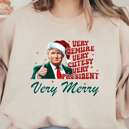 A playful holiday-themed graphic featuring a smiling figure in a Santa hat, surrounded by festive text celebrating a "Very Merry" message.DTF Transfers dtf transfers heat press transfers