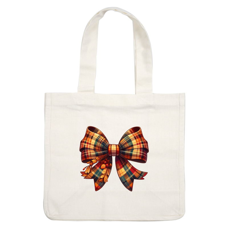 A festive, plaid bow adorned with autumn leaves and berries, perfect for seasonal decorations or gift wrapping. dtf prints