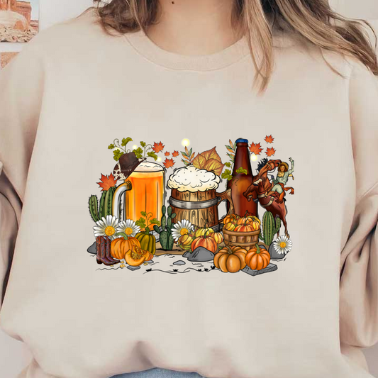 Celebrate autumn with a vibrant illustration featuring beer, pumpkins, daisies, and festive decor, perfect for a seasonal gathering!DTF Transfers heat press transfers heat press transfers