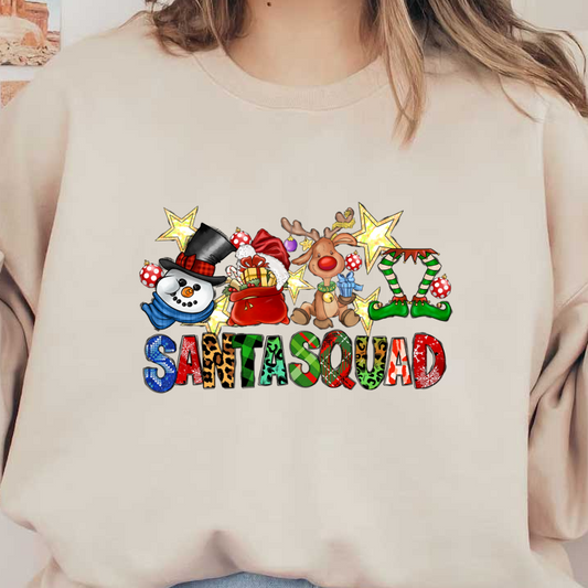 Join the festive fun with this whimsical "Santa Squad" design featuring merry characters like a snowman, reindeer, and cheerful gifts!DTF Transfers dtf prints