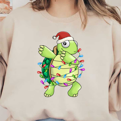 A cheerful cartoon turtle wearing a Santa hat and wrapped in colorful holiday lights, ready to celebrate the season! heat press transfers