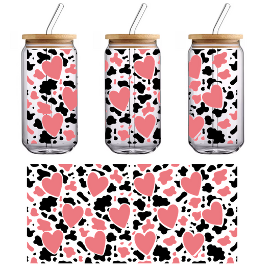 A playful pattern of pink hearts scattered against a black background, perfect for expressing love and affection.UV Transfersdtf regular iron