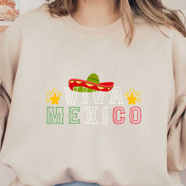 Celebre la cultura mexicana con este vibrante diseño "Viva México" que incluye un sombrero colorido y animados detalles florales.