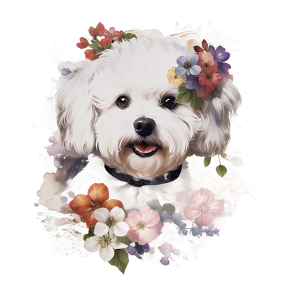 A charming white dog adorned with colorful flowers and a joyful expression, surrounded by a watercolor floral background. heat press transfers