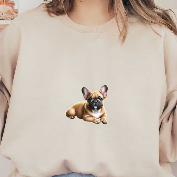 A cute, cartoon-style French Bulldog lounging with a charming expression and distinctively large ears. dtf prints