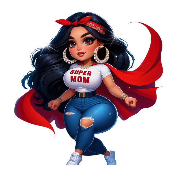 Un elegante personaje de mamá superhéroe que viste una camiseta "SUPER MOM", jeans rotos y una capa roja suelta y que irradia confianza.