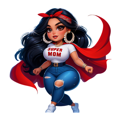 Un elegante personaje de mamá superhéroe que viste una camiseta "SUPER MOM", jeans rotos y una capa roja suelta y que irradia confianza.