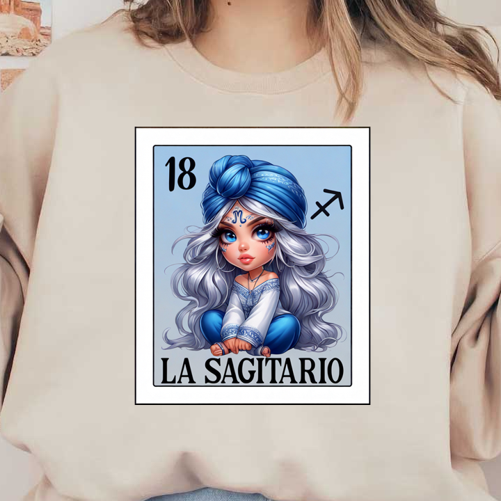 Una ilustración caprichosa de una niña con cabello largo y plateado que usa un turbante azul y un atuendo tradicional, que representa a Sagitario.