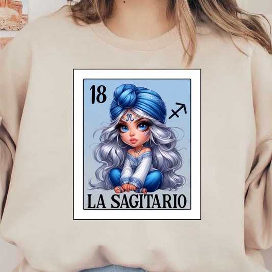 Una ilustración caprichosa de una niña con cabello largo y plateado que usa un turbante azul y un atuendo tradicional, que representa a Sagitario.