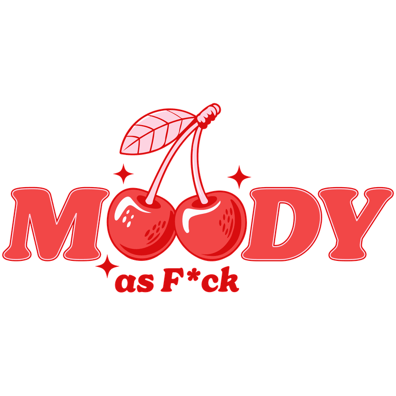 Red shirt with cherry design spelling out "Moody as F."DTF Transfers