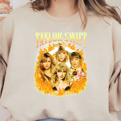 A vibrant collage of Taylor Swift featuring four different looks surrounded by a fiery backdrop, showcasing her captivating style.DTF Transfersdtf regular iron