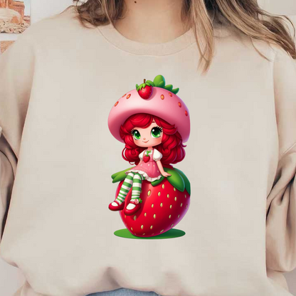 Meet a cute, strawberry-themed character with vibrant red hair, a sweet hat, and adorable striped stockings, sitting on a giant strawberry!DTF Transfers